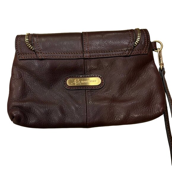 B. Makowsky Brown Leather Wristlet Clutch Leopard Lining - Picture 4 of 6